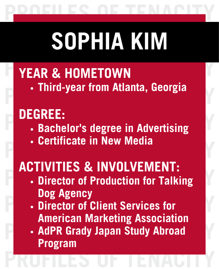 Red and white graphic featuring Sophia Kim: third-year from Atlanta, Georgia; bachelor’s in Advertising; certificate in New Media; leadership roles with Talking Dog Agency, AdPR Japan Study Abroad, and more.