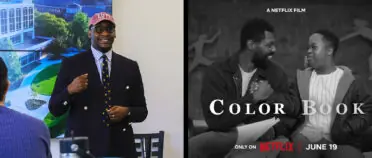 A header with two images: the image on the left is a man speaking to a class with a photo of Grady College in the background; the second is a movie still with a father and son looking at each other embracing and the title "Color Book" and a subtitle "Only on Netflix on June 19" over the photo.