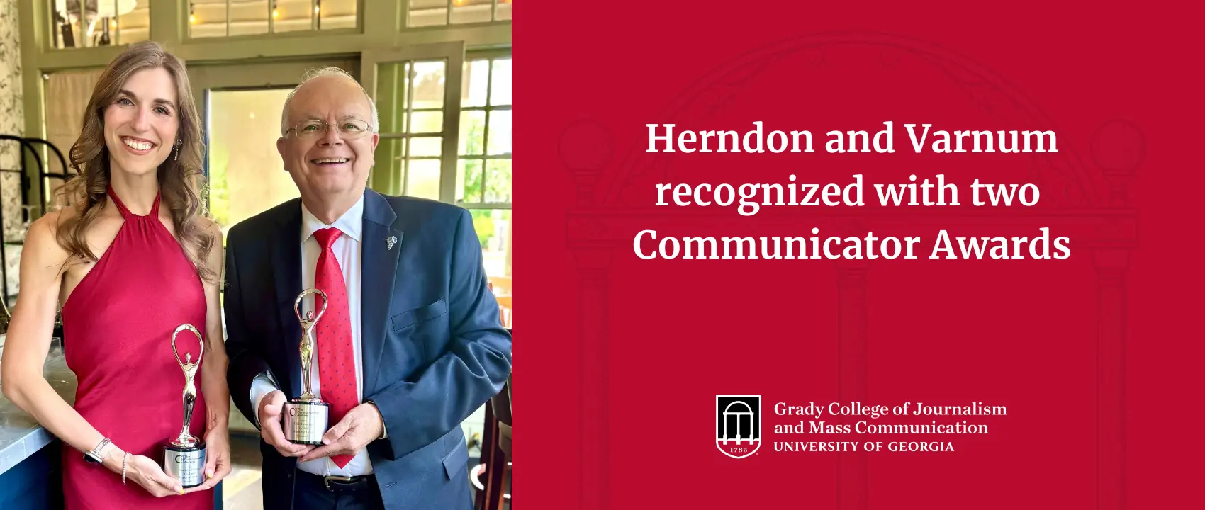 Photo of Charlotte Varnum and Keith Herndon holding awards and headline that reads "Herndon and Varnum recognized with two Communicator Awards."