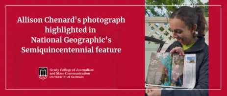 A photograph of Allison Chenard looking at her photo of a Narragansett Indian Tribal Powwow that was published in National Geographic magazine. The headline reads: Allison Chenard's photograph featured in National Geographic’s Semiquincentennial issue.