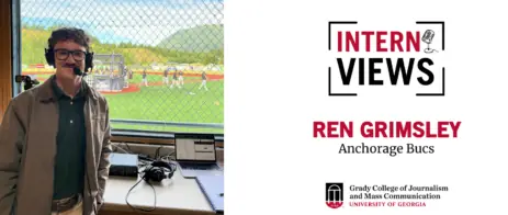 Header thumbnail for Ren Grimsley, an intern for the Anchorage Bucs. He is pictured smiling on the left of the graphic in front of a baseball field.