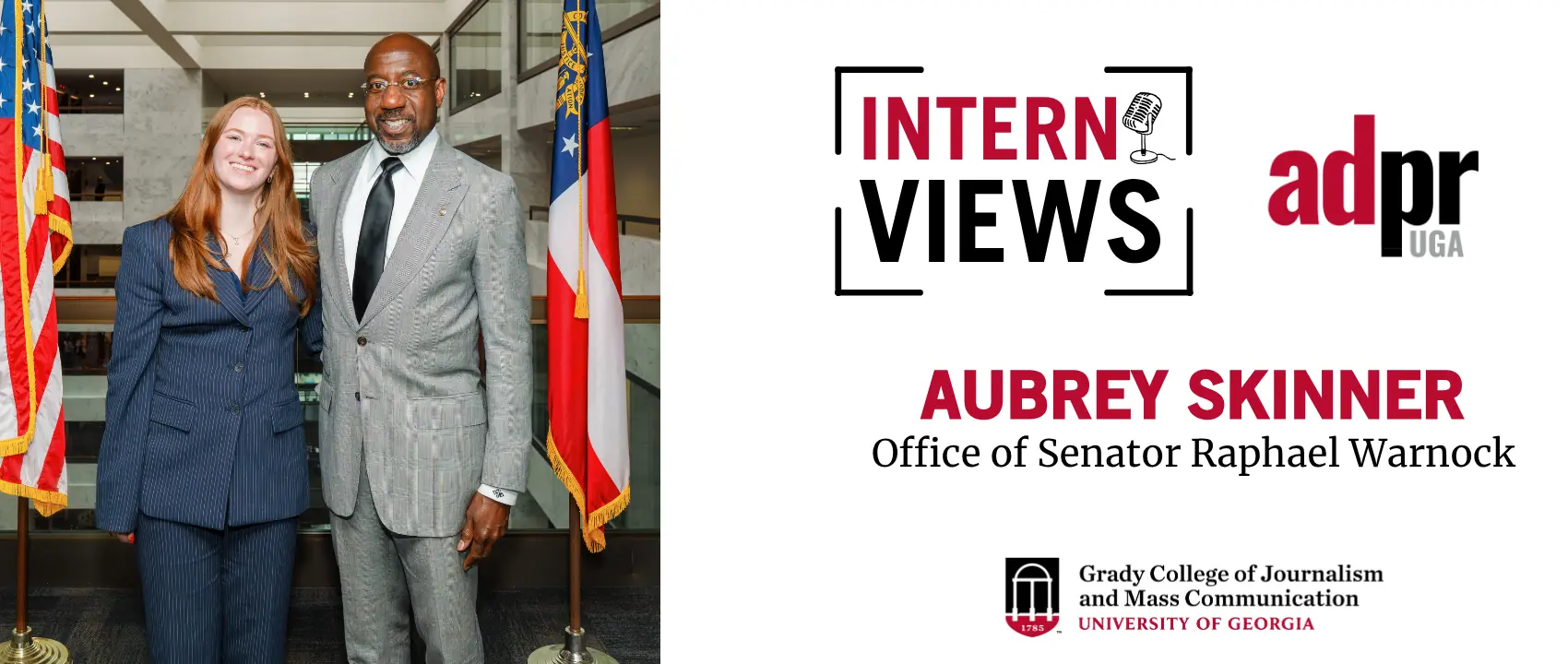 White InternViews graphic with a picture of Aubrey Skinner alongside US Senator Raphael Warnock.