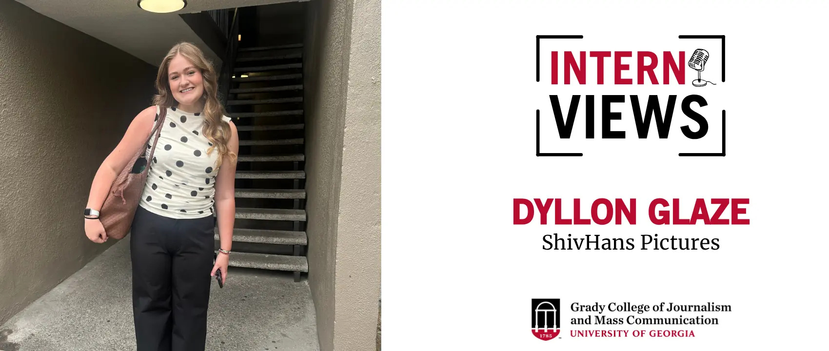 White InternViews graphic with picture of dyllon glaze standing in front of a set of stairs.