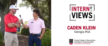 White InternViews header graphic with a picture of Caden Klein interviewing a professional golfer.