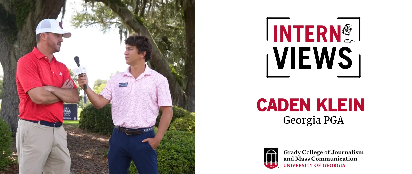 White InternViews header graphic with a picture of Caden Klein interviewing a professional golfer.