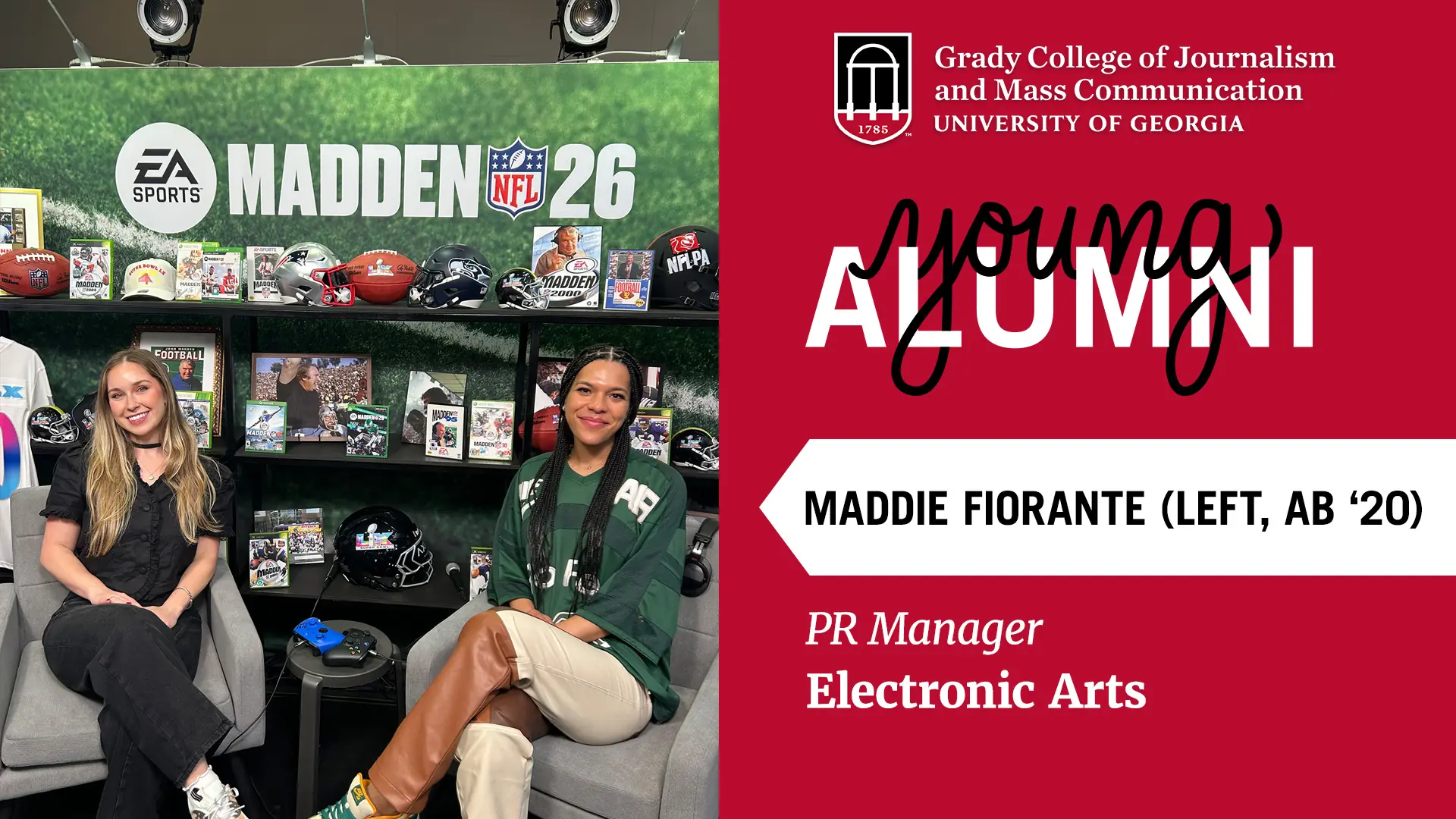 Maddie Fiorante sits on a set with a colleague for Madden NFL 26 video game. Shelves with photos and video games are i the background.