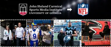 A collage of four images of people working with football teams. At the top are the Carmical Sports Media Institute logo and the NFL logo.