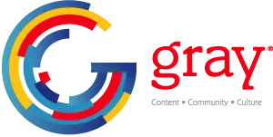 A graphic depicting Gray Media with the word "gray" in large font, and "Content, Community, and Culture" smaller.